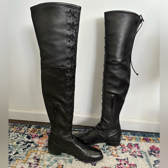 Stuart Weitzman Exes Black Leather Lace Up OTK Boots Size 9.5 - Picture 5 of 10